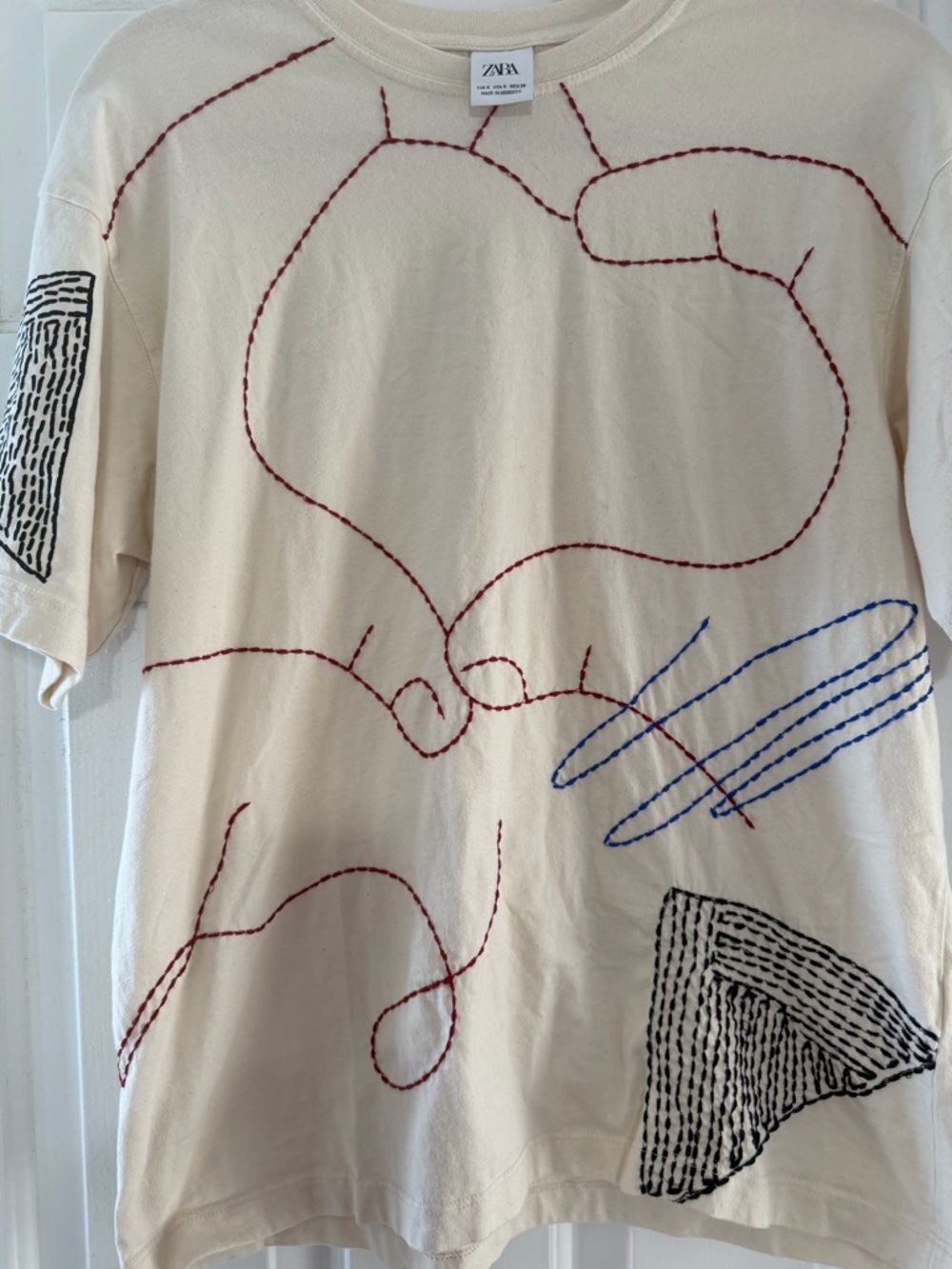 ZARA Cream Tee with Red and Burgundy Stitching Love Tee